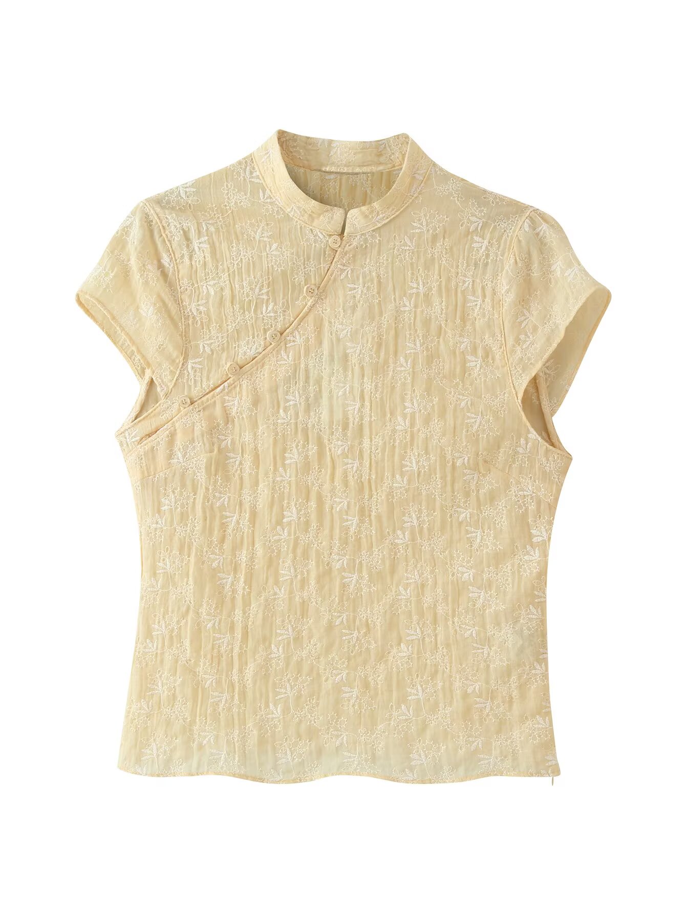 Embroidery Yellow - Kadınlar Sarı Çiçek Nakışlı Qipao Bluz