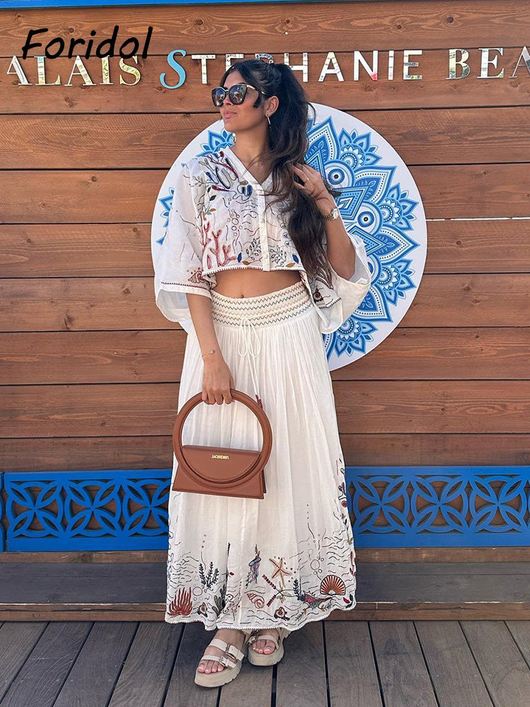 Embroidery White Dress - Foridol Deniz Organizması Nakış Batwing Kollu