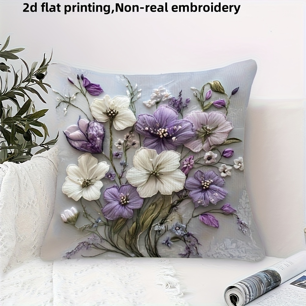Embroidery Effect - 2D Efektli Mor Beyaz Çiçekli Yastık