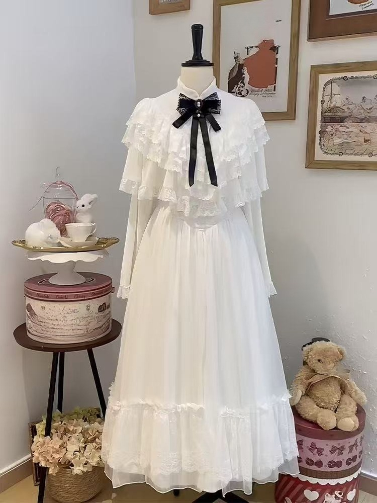 Embroidery White Dress - Japon Kısa Kollu Fiyonklu Dantel Elbise