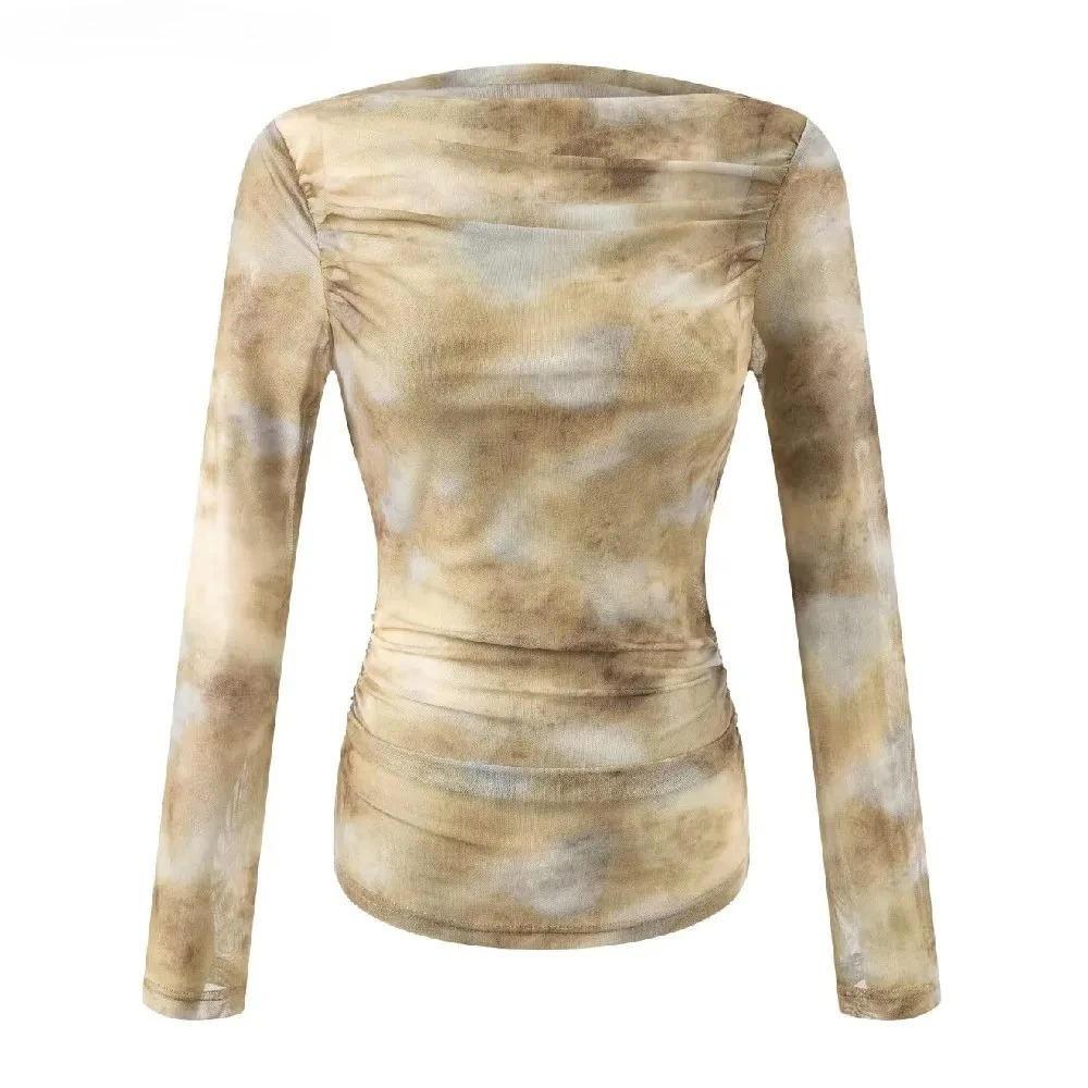 Embroidery Shirt - 2025 Seksi Tie-Dye Baskılı Büzgülü Omuzlu