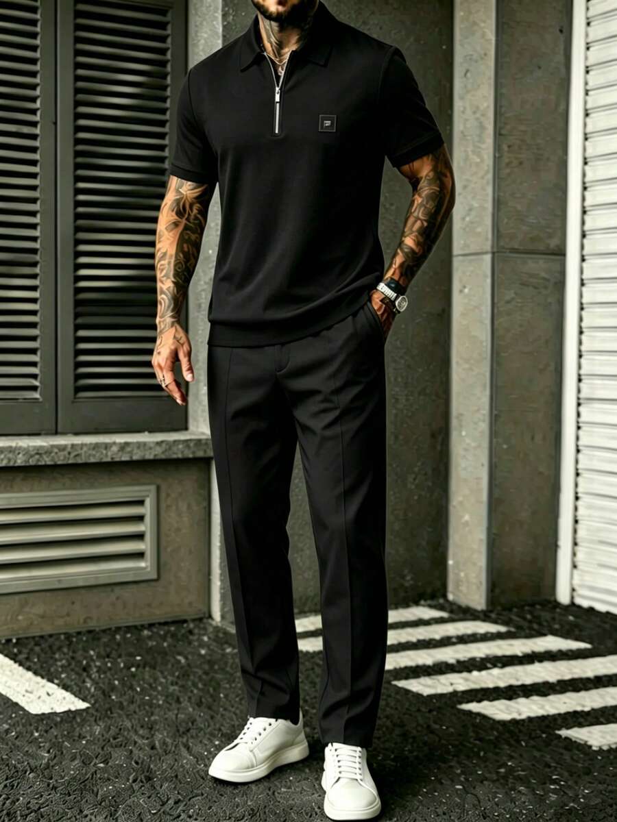 Embroidery Shirt - Erkek Siyah Kısa Kollu Fermuarlı Gömlek