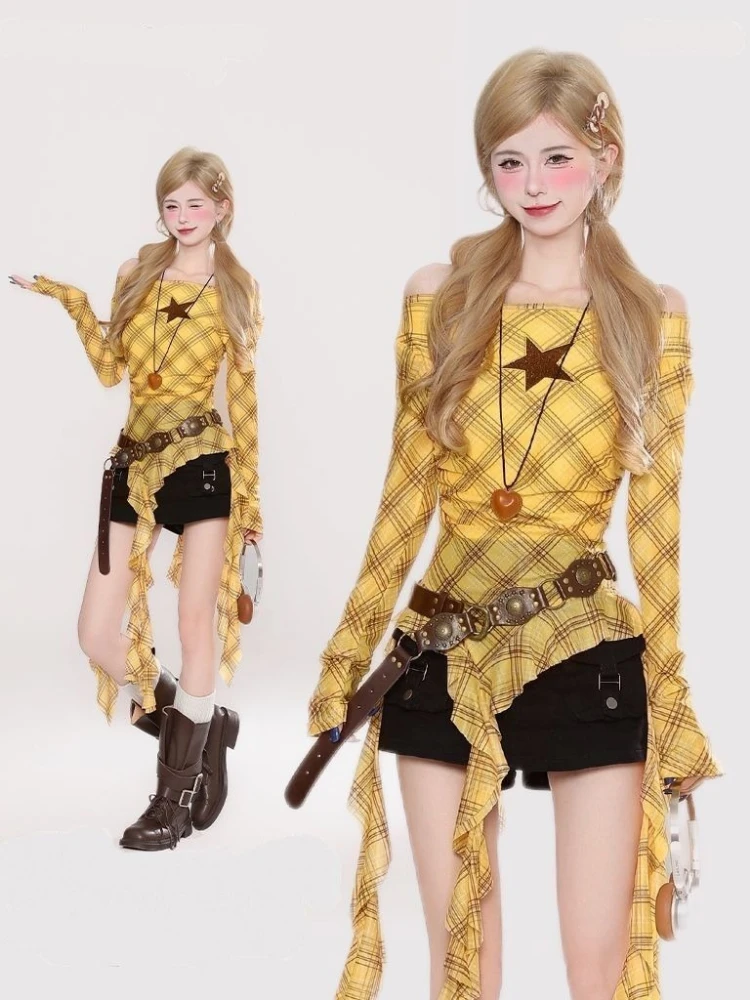 Y2K Ekose Slash Yaka Vintage K - Embroidery Shirt incelemesi ve fiyatı